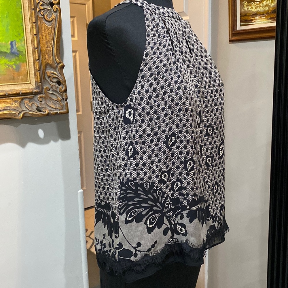 DVF Diane Von Furstenburg Silk Black & Taupe Sleeveless Blouse Shell EUC Size 4